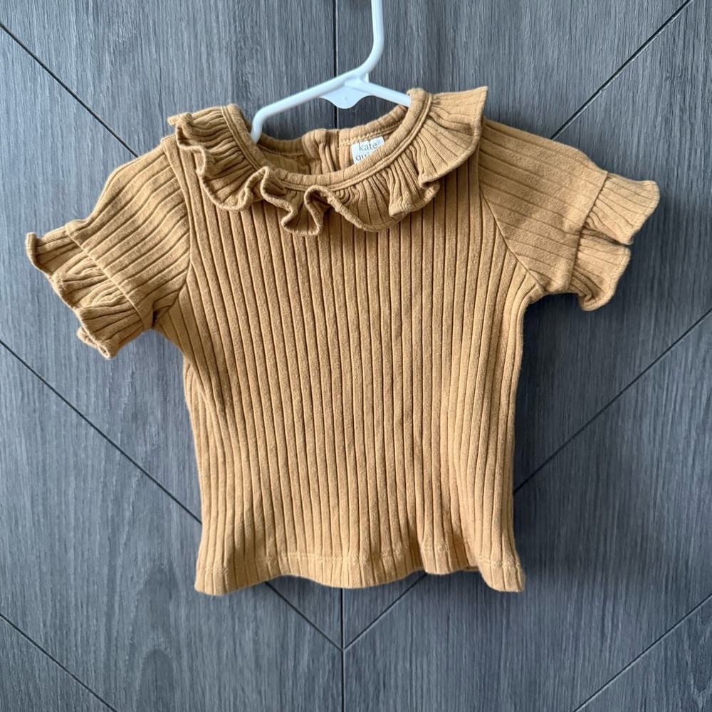 Kate Quinn Tan Ribbed Ruffle Top